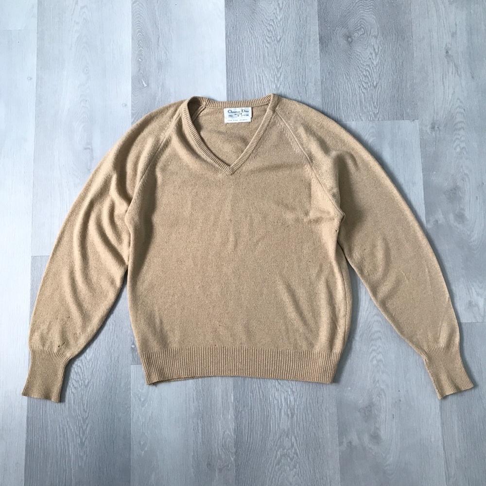 CHRISTIAN DIOR CAMEL BROWN CASHMERE SWEATER V NECK LONG SLEEVE MENS M
